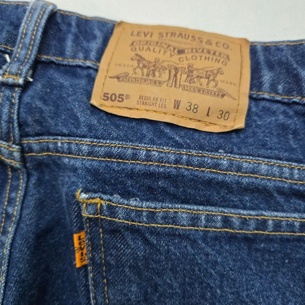 Levis 505 Mens Orange‎ Tab Regular Fit Straight Leg Dark Wash Jeans W38 L30
